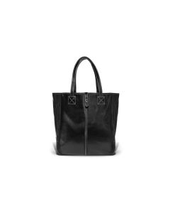 Front view of the Nantucket medium black leather tote with white stitching and has a buckle. 