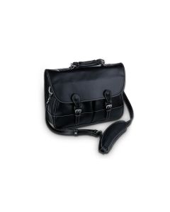 Burke & Wills Personalized Leather Laptop Bag - Black Florentine Leather front view with detachable shoulder strap. It features a fold over enclosure and two buckles