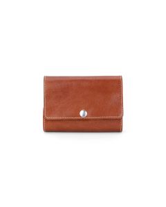 Closed front view of the leather playing cards case with British tan Florentine leather and a silver button.