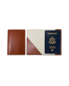 Front and open view of the Glasgow personalized leather passport case. It features British Tan Florentine leather, imprinted initials on the front, and a plaid interior
