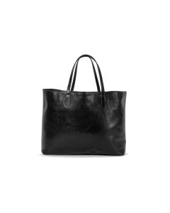 Front view of the St. Anne black leather mom bag, it features Florentine leather and white stitching. It is showing sitting upright and the handles standing upright.