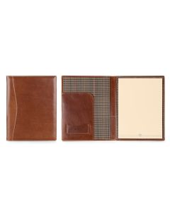 Open and closed view of the Personalized Leather Legal Pad Portfolio. It features British tan Florentine leather and white stitching. The open view shows a plaid interior and a pocket on the left side. Initials are imprinted on the bottom left pocket. On 