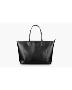 Front view of the St. Anne black leather mom bag. It features black Florentine leather and white stitching. It is shown in the upright position and the handles are in the upright position as well.