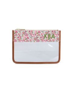 Front view of the monogrammed clear pouch showing initials placed at the top right corner