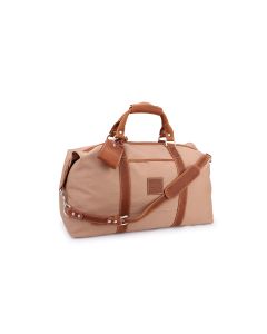 Front angled view of the personalized large duffle bag with strap. This bag features khaki canvas with zingaro leather trim, accents, detachable strap and luggage tag.