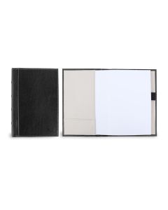 Closed and open view of the Small Leather Writing Notebook. It features black Florentine leather and white stitching. The closed view shows imprinted initials in the bottom right corner. The open view shows how paper is inserted and stored inside and wher