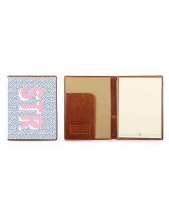 Front view and open view of the legal pad portfolio with printed initials