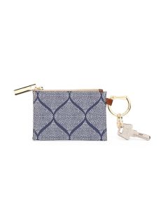 Front view of the personalized key ring wallet with a dotted and swirl design with an attached key