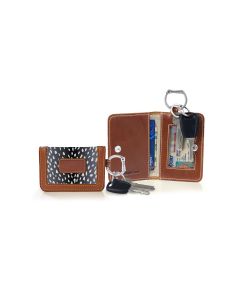 Closed view of the personalized Keyring Wallet with a modern leopard print and leather patch where initials would go. Open view of the wallet showing how keys attach and cards and id