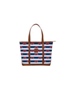 Front view of the Trolly Sleeve Tote With Pockets showing it closed and with monogrammed initials.