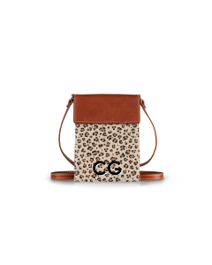 Front closed view of the phone crossbody with a modern leopard design and has black and white printed initials at the bottom