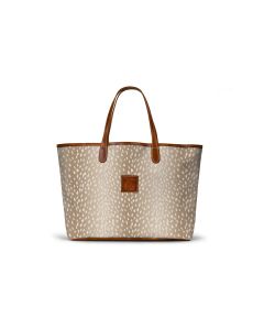 personalized tote bag, it has a leather trim and initials monogrammed on the tote with a leather patch, this particular one features the stone fawn design