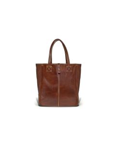Front view of the Nantucket medium leather tote. It has British tan Florentine leather with tan stitching and a buckle enclosure.