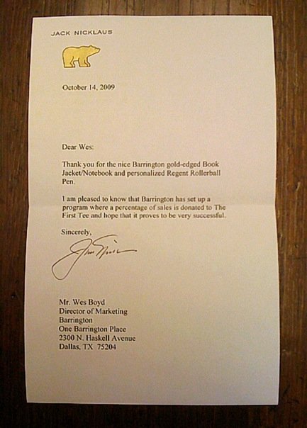 Jack Nicklaus's personalized thank you letter on Barrington gold-edged paper