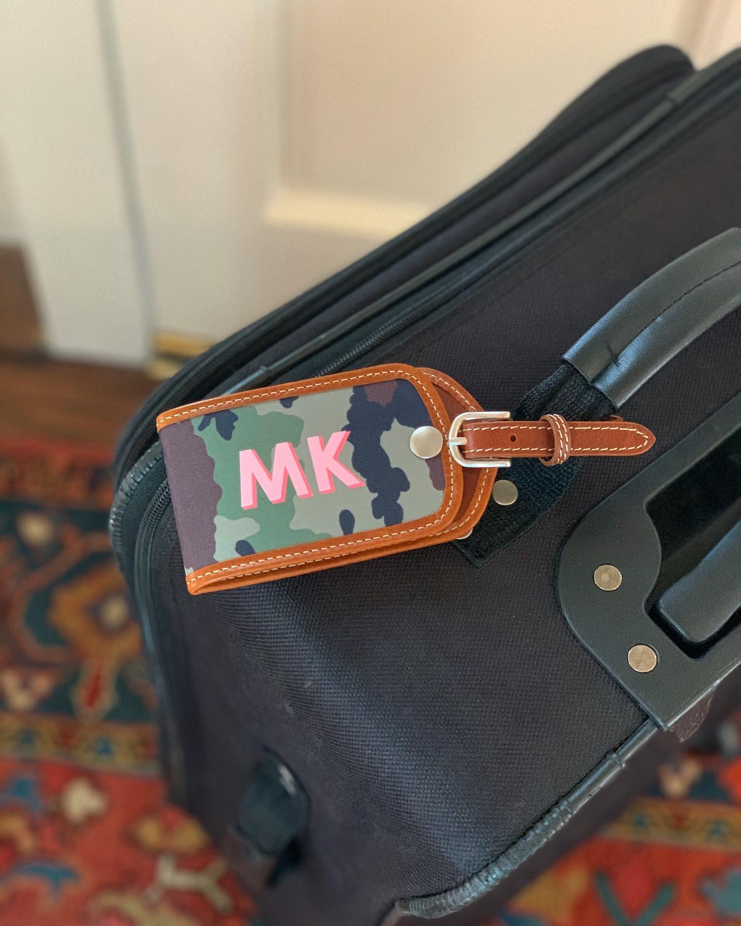 Custom leather luggage tags with colorful lights, holiday travel theme