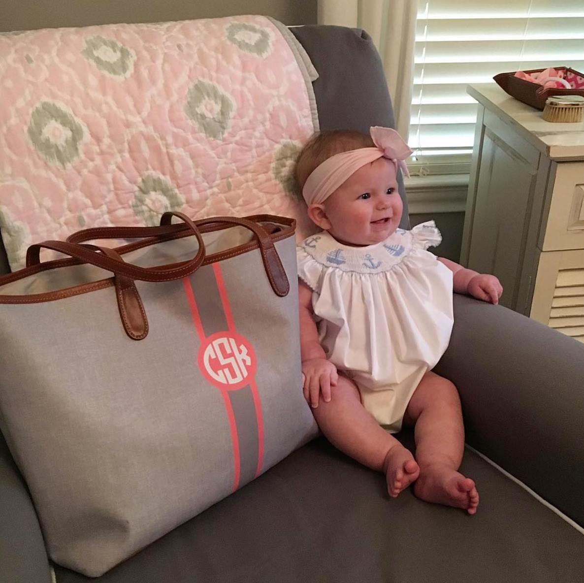 Charming monogrammed charcoal diaper bag, perfect for stylish parents on the go